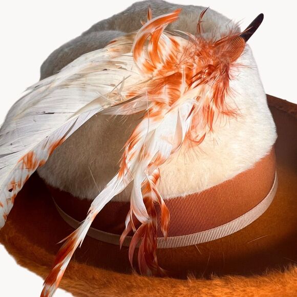 Vintage 60s 2 Tone White Rust Brown Breton Pinched Crown Fedora Hat Mod Bellini - Picture 6 of 14